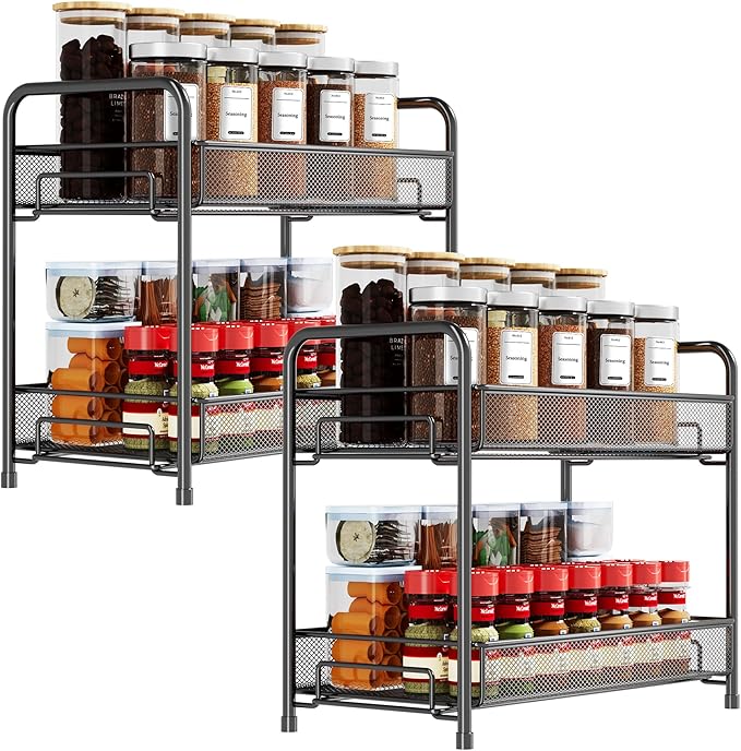 Spice Rack Organizer for Countertop 2 Pack, 2-Tier Counter Foldable Metal Standing Large Seasoning Storage Shelf for Kitchen Cabinet Bathroom Living Room Pantry Office, Black by Xpatee