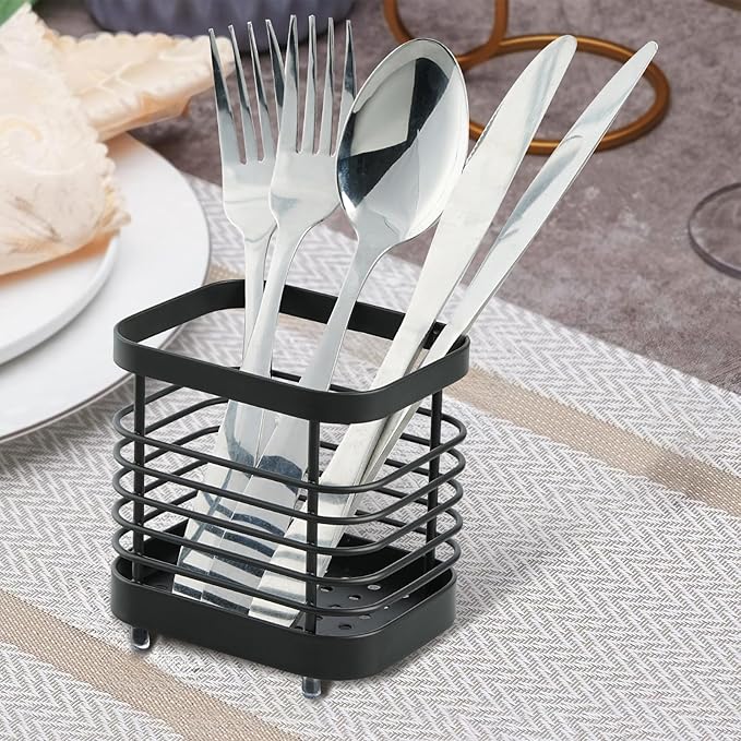 Utensil Holder, Stainless Steel Utensil Drying Rack for Kitchen Counter, Silverware Cutlery Flatware Holder Forks, Knives, Spoons, Chopsticks Organizer (Black) - Image 5