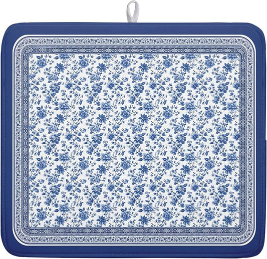 Blue Floral Branches Dish Drying Mat for Kitchen Counter Chinoiserie Pattern Dish Drying Pad 16”x18”Absorbent Vintage Flowers Decor Dishes Drainer Pad Dish Dry Rack Mat for Counter Coffee Bar