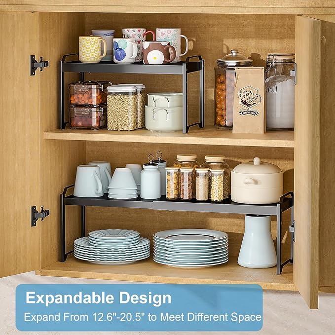 2 Pack Expandable Cabinet Countertop Shelves, Stackable Shelves Organizers For Kitchen Cabinet Countertop Storage, Adjustable Counter Cupboard Pantry Organizer Shelf Rack Stand, Length:20.5" - Image 3