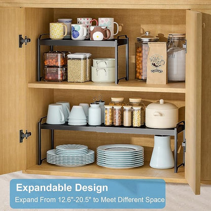 2 Pack Expandable Cabinet Countertop Shelves, Stackable Shelves Organizers For Kitchen Cabinet Countertop Storage, Adjustable Counter Cupboard Pantry Organizer Shelf Rack Stand, Length:20.5" - Image 3