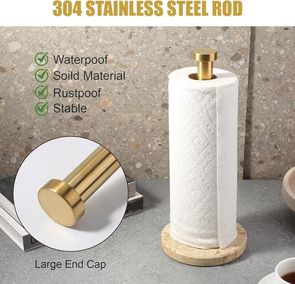 Koville Paper Towel Holder Countertop, Standing Paper Roll Holder with 6" Weighted Marble Base, Stone Paper Towel Holder with Gold Stainless Steel Rod for Kitchen Bathroom (Gold)