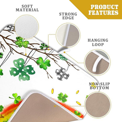 Giwawa St Patrick Dish Drying Mat Small Lucky Clover Tree Shamrock Dish Drainer Mats 16x18inch Spring Elf Hat Rainbow Colorful Fast Drying Absorbent Dish Drying Pad for Kitchen Counter Decor