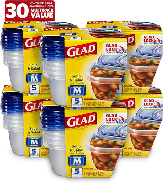 Glad GladWare Medium Rectangle Food Storage Containers with Lids, BPA Free Plastic for Soups Salads and Meal Prep, Airtight Leak Resistant, Microwave Dishwasher Freezer Safe, 24 Oz, 5 Count - 6 Pack by GladTrashFoodStorage