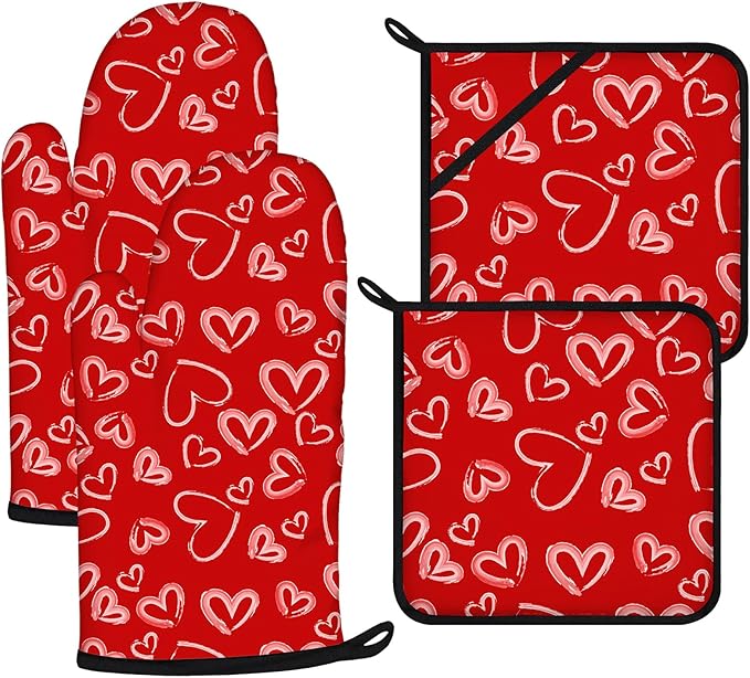 White Love Hearts Oven Mitts and Pot Holders Sets 4Pcs,Extra Long Oven Gloves Potholder for Kitchen Cooking Baking BBQ 100% Cotton Heat Resistant by VisittheDuibelproduct