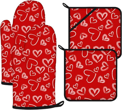 White Love Hearts Oven Mitts and Pot Holders Sets 4Pcs,Extra Long Oven Gloves Potholder for Kitchen Cooking Baking BBQ 100% Cotton Heat Resistant by VisittheDuibelproduct