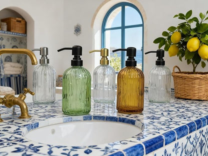 16Oz Clear Glass Soap Dispenser with Rust Proof Bronze Stainless Steel Pump, Refillable Bathroom Soap Dispenser with Vertical Stripe, Oil Rubbed Bronze Pump Kitchen Dispensers