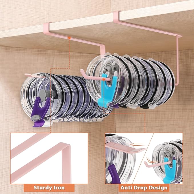 2 Pack Tumbler Lid Organizer, Horizontal Tumbler Lid Storage Hook Up to 20 Lids, Space Saving Cup Lid Holder Under Cabinet Tumbler Lid Hook for Kitchen Organizer, Paper Towel Hanger(Round&Flat, Pink) - Image 4