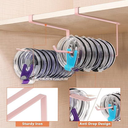 2 Pack Tumbler Lid Organizer, Horizontal Tumbler Lid Storage Hook Up to 20 Lids, Space Saving Cup Lid Holder Under Cabinet Tumbler Lid Hook for Kitchen Organizer, Paper Towel Hanger(Round&Flat, Pink) - Image 4