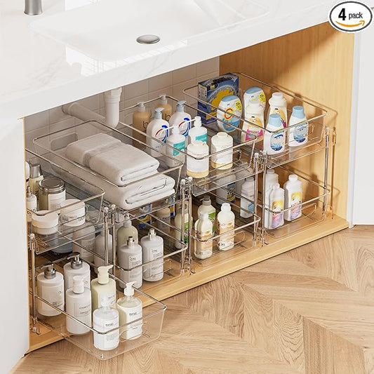 Vtopmart 4 Pack Bathroom Organizer, 2 Tier Clear Under Sink Organizers Vanity Countertop Storage Container,Cabinet Drawers Bins, Pull-Out Organization with Track for Pantry, Kitchen by Vtopmart