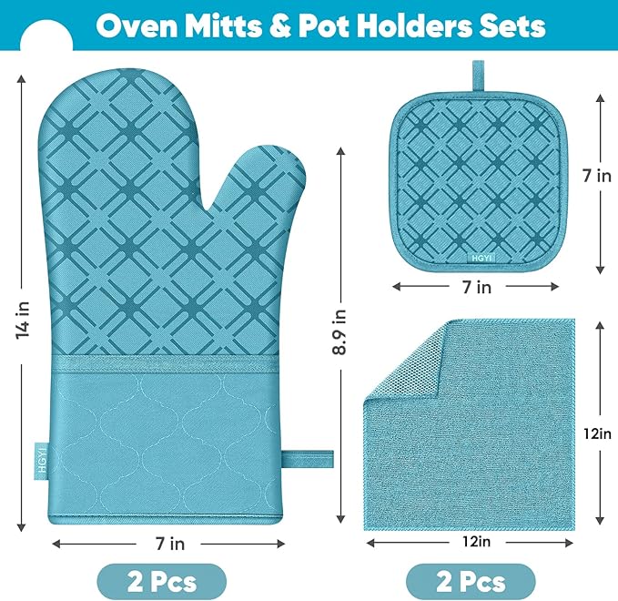 Oven Mitts and Pot Holders Set with Dishcloths, 500 Degree Heat Resistant Oven Gloves and Hot Pads, Premium Soft Cotton Kitchen Mittens and Dish Cloth Sets-Lake Blue - Image 2