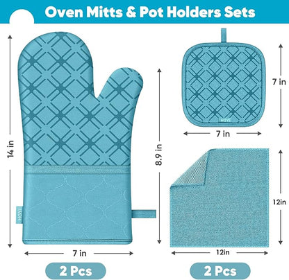 Oven Mitts and Pot Holders Set with Dishcloths, 500 Degree Heat Resistant Oven Gloves and Hot Pads, Premium Soft Cotton Kitchen Mittens and Dish Cloth Sets-Lake Blue - Image 2