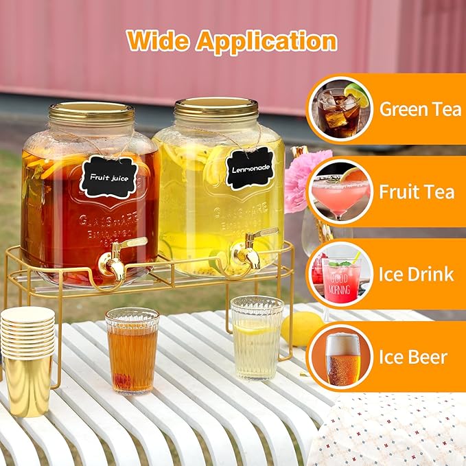 1.6 gallon Glass Beverage Dispenser with Stand, 2PACK Lemonade Dispenser with Spigot Stainless Steel, Drink Dispensers for Parties,Picnic,Weddings(Golden) - Image 5