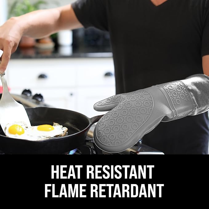BPA-Free Soft Silicone Oven Mitts - Ultra Heat Resistant Oven Mitts with Thick Cotton Liner - Extra Long Slip Resistant Pot Holders, Flexible Oven Gloves - Gray 14.7" - Image 3
