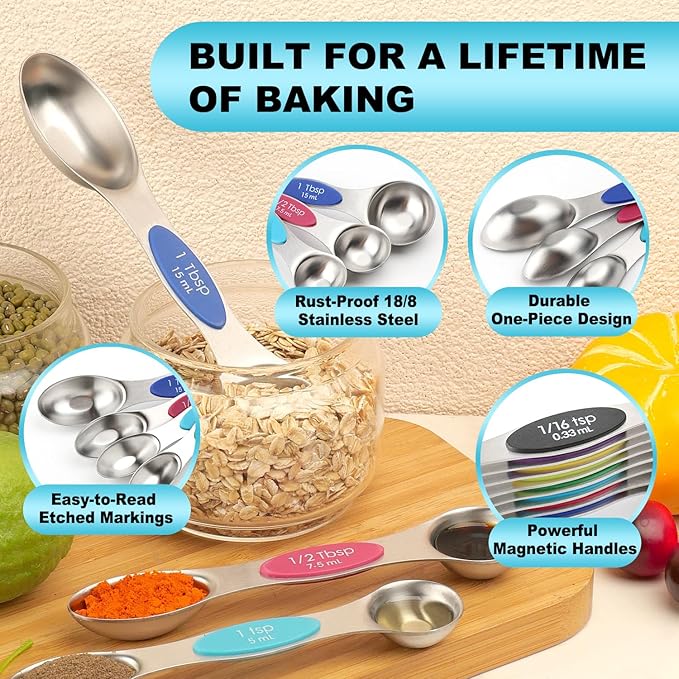 Magnetic Measuring Spoons Set of 9 with Leveler, Color-Coded Dual Sided Stainless Steel Measuring Spoon Set, Stackable Teaspoon and Tablespoon Set for Baking, Cooking, Kitchen Gadgets Dishwasher Safe - Image 3