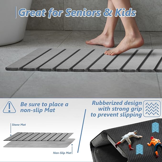 AWW Foldable Stone Bath Mat, Super Absorbent Diatomaceous Earth Mats, Non-Slip 23.6 x 15.5 Inch Quick Drying Mat, Compact and Easy to Store Bath Mats for Bathroom, Easy to Clean, Grey - Image 3