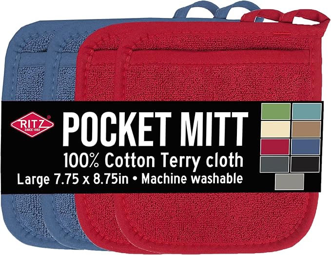 RITZ Terry Pocket Mitt & Hot Pad: Unparalleled Heat Resistant, Durable 100% Cotton – Ergonomically Designed for Optimal Grip – Easy-Care Machine Washable – 4-Pack, Federal/Paprika by Ritz+Foodservice
