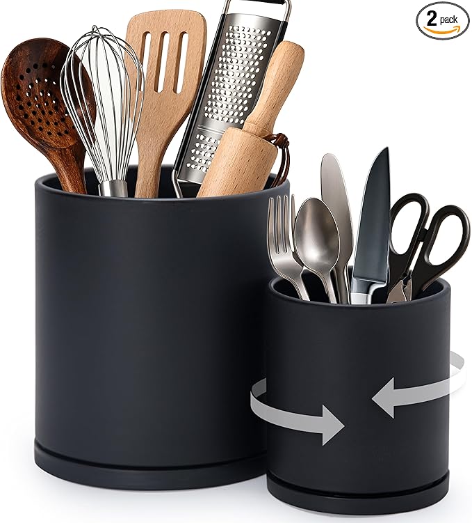 D'vine Dev 360° Rotating Utensil Holder Set – 7.2"+5" Kitchen Utensil Crocks for Countertop, Modern Cooking Tool Organizers for Kitchen Storage +Décor, Black, Set of 2, 72-Z-B-1 by DvineDevPlanterPotsandStand
