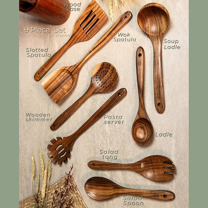 Wooden Cooking Utensils Set – Coki Home 9-Piece Teak Wood Kitchen Utensils with Holder, Nonstick Safe, Plastic-Free, Food-Safe Cooking Tools