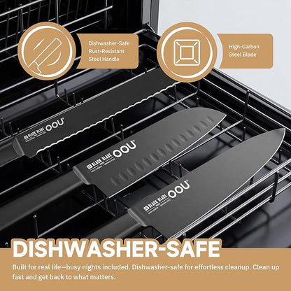 OOU Kitchen Knife Block Set - 15 Pieces High Carbon Stainless Steel Chef Knife Sets, Anti-Rust Black Knives Set with Built-in Sharpener Block, Brown