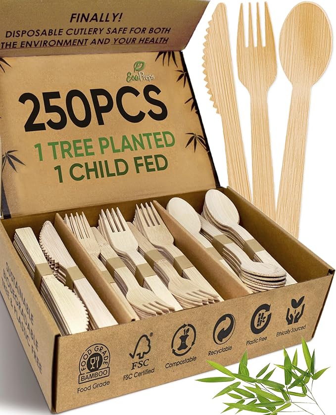 EcoPreps 100% Compostable Bamboo Cutlery Set (250 PCS - 125 Forks, 75 Spoons, 50 Knives) Eco-Friendly, Natural, Biodegradable Disposable Utensils Set | Bamboo Disposable Forks, Knives, and Spoons Sets by EcoPreps
