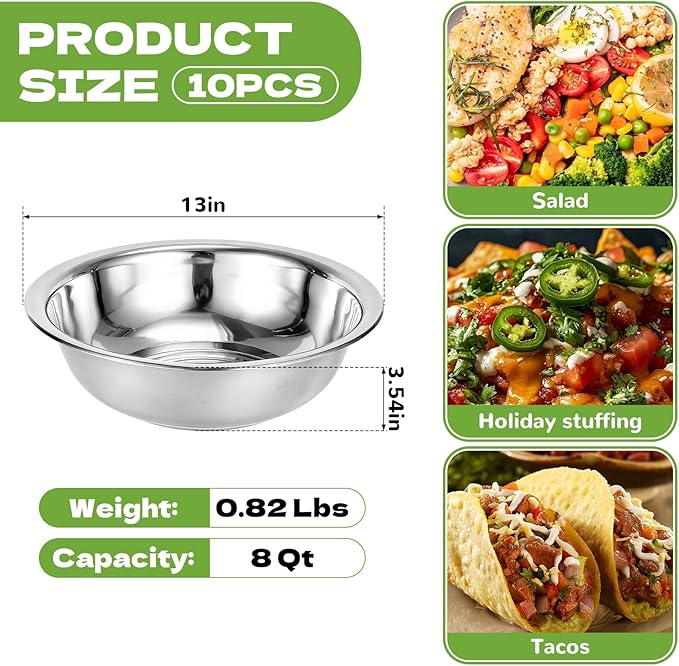10 PCS Stainless Steel Mixing Bowls 13 Inch 8 Qt Extra Large Metal Basin with Mirror Finish, Heavy-Duty Salad Dough Bowl Kitchen Prep Bowl Dishwasher Safe Dish Tub for Home & Commercial Cooking