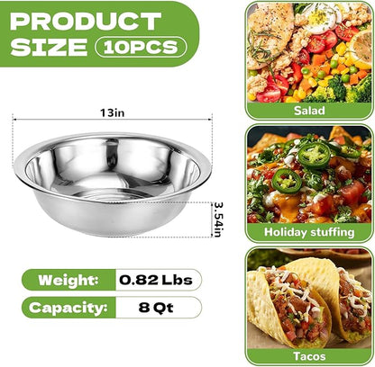 10 PCS Stainless Steel Mixing Bowls 13 Inch 8 Qt Extra Large Metal Basin with Mirror Finish, Heavy-Duty Salad Dough Bowl Kitchen Prep Bowl Dishwasher Safe Dish Tub for Home & Commercial Cooking