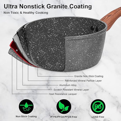 M MELENTA Granite Pots and Pans Set Non Stick, 11 Piece Die-Cast Induction Cookware Set, Nonstick Kitchen Cooking Set w/Frying Pans & Saucepans, PFOA Free - Image 3