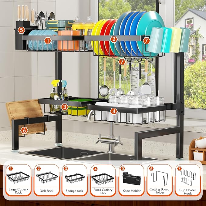 YKLSLH 4 Baskets Over The Sink Dish Drying Rack, Extendable Large Capacity Sink Rack, Metal Drying Rack Saving Space,for Most Sinks (26.57"-35") - Image 3