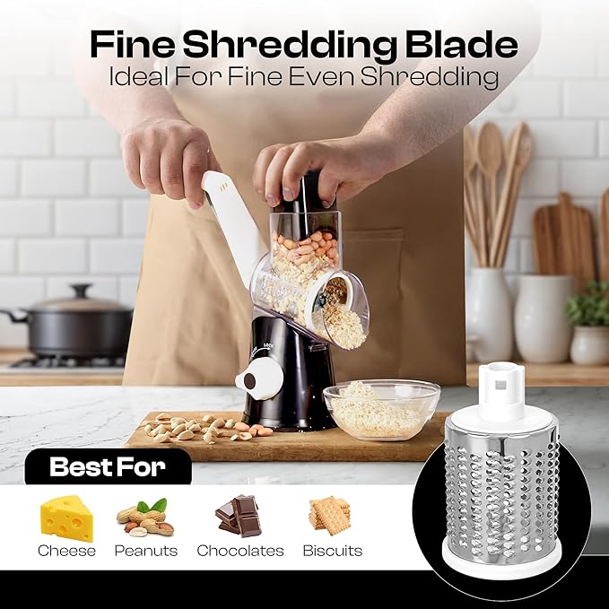Rotary Cheese Grater Hand Crank - Cheese Shredder Hand Crank with Handle, Vegetable Shredder with 3 Stainless Steel Blades & Strong Suction Base – Round Slicer & Food Chopper for Kitchen - Image 4