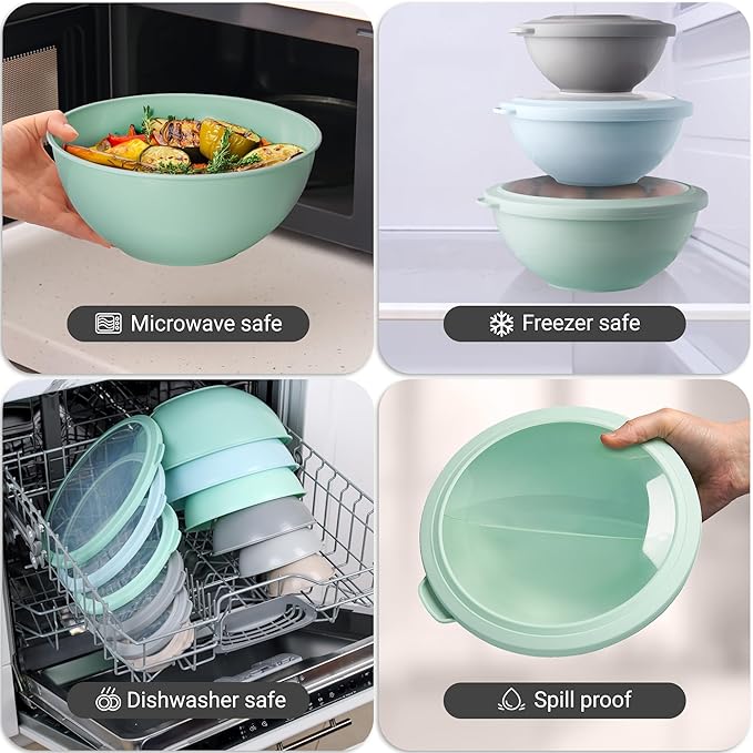 Zulay Kitchen 12 Piece Plastic Nesting Mixing Bowl Set - Colorful Bowls with Lids - Microwave and Freezer Safe (Mint Ombre) - Image 7