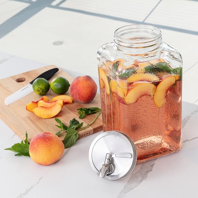 Le'raze 1.5-Gallon Glass Beverage Dispenser - Modern, Clear & Stainless Steel - Gravity Dispenser with Stainless Steel Spigot