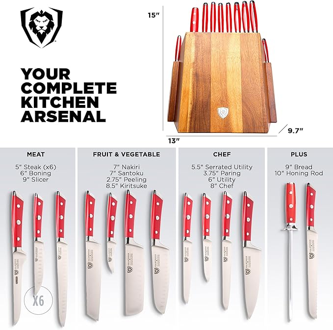 Dalstrong 18-Piece Gladiator Colossal Knife Block Set (Red Handles) — German High-Carbon Steel, Full-Tang, Hand-Sharpened — For Home Chefs, Wedding Registries & Serious Kitchens — Acacia Block, NSF - Image 5