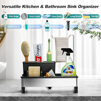 Ewaiira Stainless Steel Sink Caddy, Sponge Holder for Kitchen Sink with Brush Holder & Dishcloth Rack, Rustproof Sink Organizer Countertop, Kitchen Organizers Storage Essentials (D-Black 9.8″) - Image 3