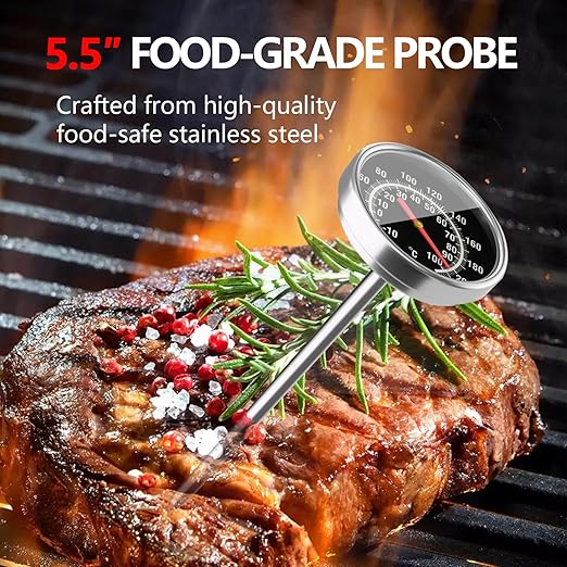 Instant Read Meat Thermometer - Stainless Steel Food Thermometer for Grilling, Cooking, BBQ - 1.5-Inch Dial Kitchen Temperature Thermometer with 5.5-Inch Probe for Turkey, Beef, Milk, Tea, Coffee (1)
