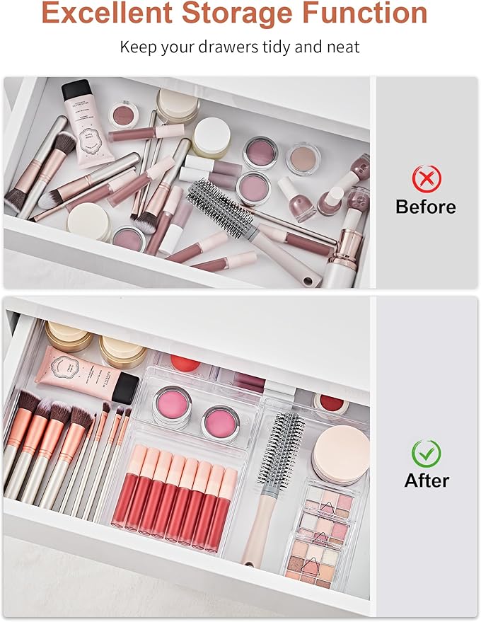 SMARTAKE 20-Piece Drawer Organizer with Non-Slip Silicone Pads, 7-Size Desk Drawer Organizer Trays Storage Tray for Makeup, Jewelries, Utensils in Bedroom Dresser, Office and Kitchen (Clear) - Image 4