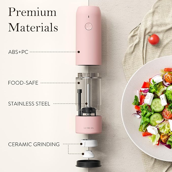 Ultrean Pepper Grinder, Rechargeable Salt and Pepper Grinder with 6 Adjustable Coarseness, LED Light, Automatic Grinder for Kitchen, Cooking Gifts for Women Valentines Day Gifts for Her, Pink - Image 5