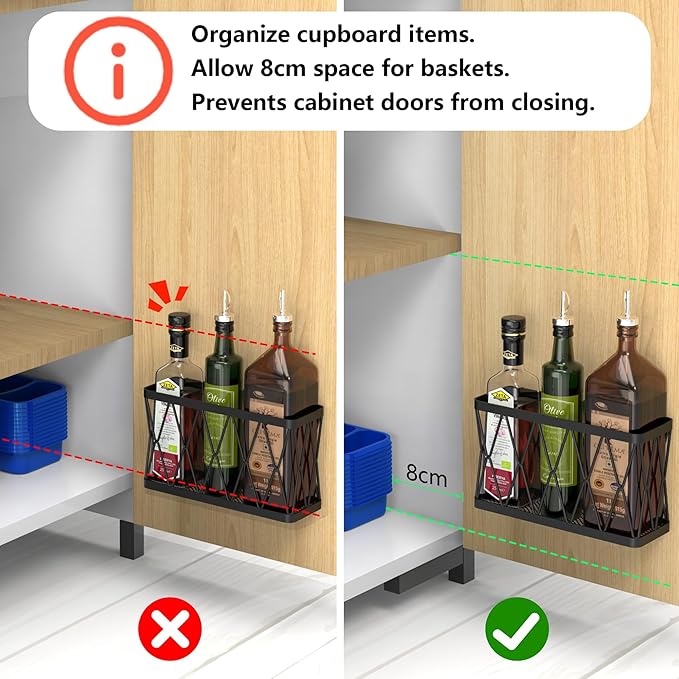 YIGII 3 Pack Adhesive Cabinet Organizer - Wall Mounted Pantry Door Organizer Bin Holder for Tupperware Lid Kitchen Wall Under Sink Basket Slim Space Black Stainless Steel - Image 2