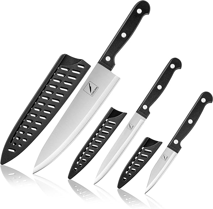 COKUMA Kitchen Knife, 3-Pcs Knife Set With Sheath, 8 Inch Chef Knife, 4.5 Inch Utility Knife, 4 Inch Paring Chef Knife, Stainless Steel, Black by COKUMA