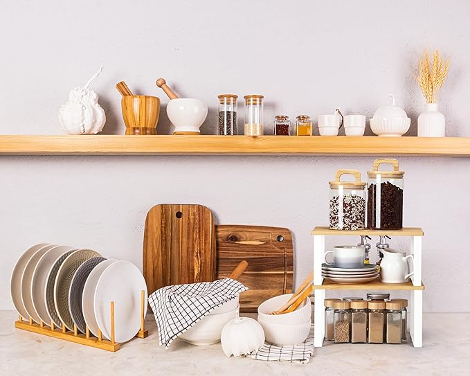 Marsui 4 Pcs Kitchen Organizer Accessories Set Cabinet Organizer Shelf and Bamboo Dish Drying Plate Rack Counter Shelves Storage Holder for Spice Rack, Dish, Pot Lid, Bowl, Cup(Wooden Color) - Image 6