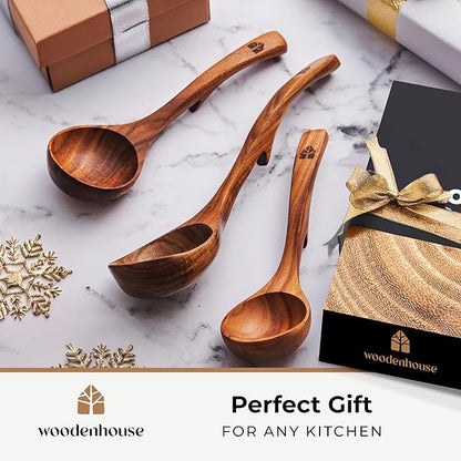Wooden Ladle for Soup, 3 Size Teak Wood Ladle Spoon with Back Hooks for Pot & Bowl, Non-Stick Wooden Spoon Set for Cooking, Serving and Stirring - Image 2