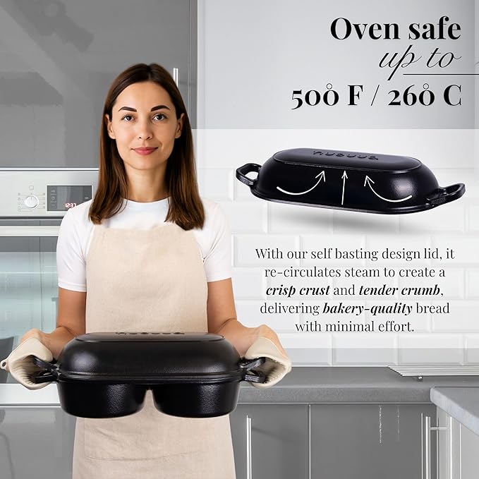 Dutch Oven for Sourdough Bread Baking – Enamelled Cast Iron Bread Loaf Pot – 500°F Oven Safe Non Stick Bread Pot – Double Round Loaf Space, 16.5cm Diameter, Black, – by Nuovva - Image 3
