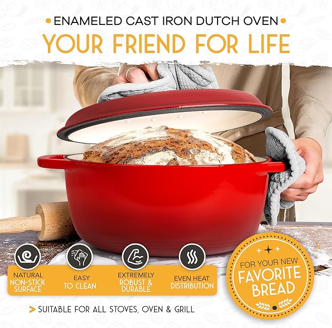 Crovora 6 QT Enameled Cast Iron Dutch Oven for Bread Baking with Lid - Incl. Sourdough Bread Baking Supplies like Banneton Bread Proofing Basket, Cast Iron Bread Oven, Bread Pan, bread making tools