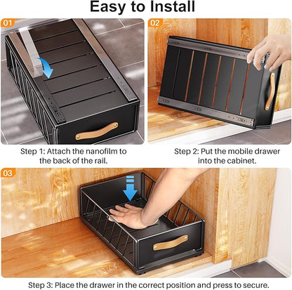 Pull out Cabinet Organizer,Heavy Duty Slide out Pantry Shelves Drawer Storage with Adhesive Nano Film,Sliding Mesh Cabinet Basket with Handle for Kitchen, Bathroom, Home, 13.8"W X 15.7"D X 6.2"H,Black