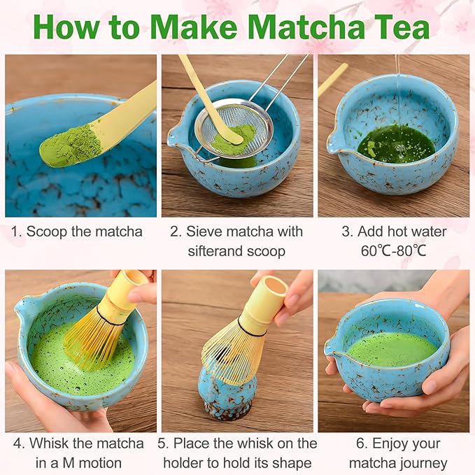 Matcha Bowl and Whisk Set, BPA-Free – Multi-Layer Ice-Crackle Ceramic Chawan with Spout, Bamboo Chasen, Holder, Scoop & Sifter | Japanese Ceremonial Matcha Tea Kit for Lattes & Beginners
