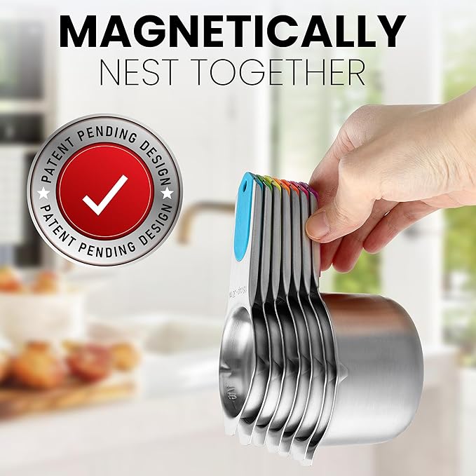 Spring Chef Magnetic Stainless Steel Measuring Cups, Patented, Kitchen Tools with Easy to Read Markings for Measuring Dry or Liquid Ingredients, Set of 7, Neon - Image 4