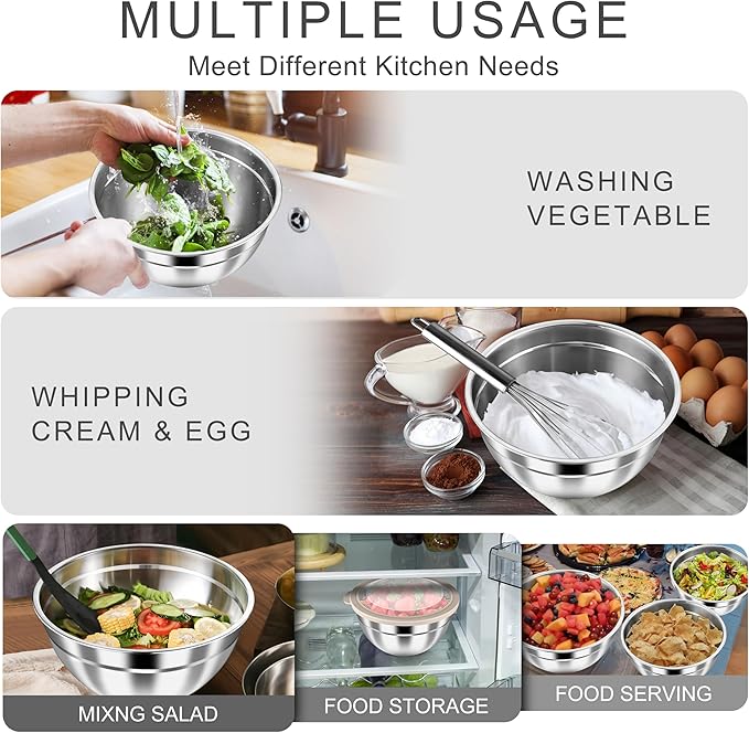 HaWare Mixing Bowls with Airtight Clear Lids, 6-Piece Stainless Steel Strong Nesting Bowls Set, Metal Salad Bowl for Cooking, Prepping, Baking, Serving & Food Storage, Size 4.6, 3, 1.5QT, Khaki - Image 6
