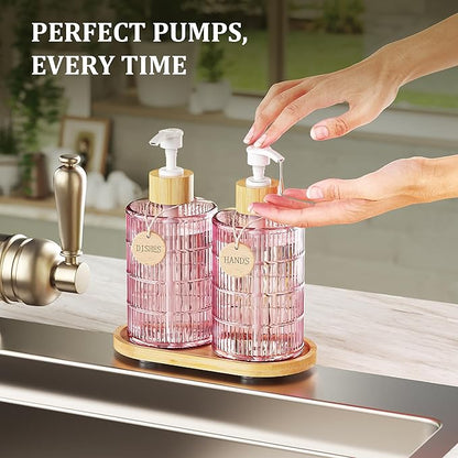 MASADI Soap Dispenser Set with Bamboo Tray, Dish and Hand Soap Lotion Dispenser Set with Wooden Pump for Kitchen and Bathroom Decor for Counter, Modern Vintage Liquid Soap Dispensers (Pink&Bamboo) - Image 4
