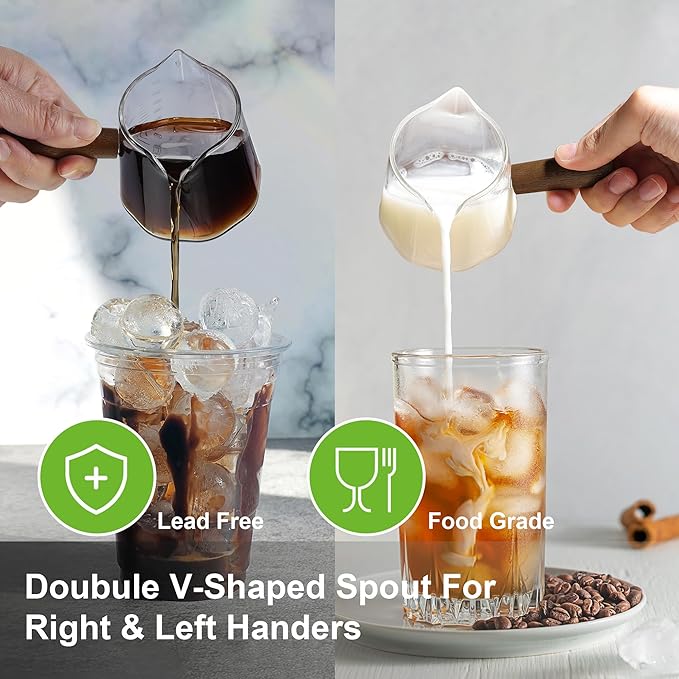 Joeyan 6 oz Glass Measuring Cup with Double Spouts,Borosilicate Espresso Shot Glasses with Wooden Handle,Claer Measuring Triple Milk Frothing Pitcher for Coffee Tea - Image 4