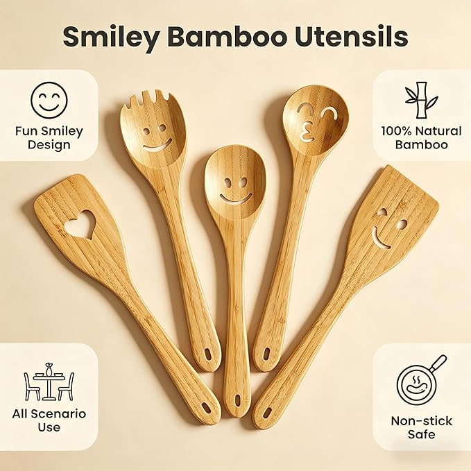 Fun Wooden Spoons for Cooking 5 Piece - Funny Kitchen Utensil Set Nonstick Smiley Face Cooking Spoons & Spatula Happy Cute Kitchen Accessories Unique Mothers Day Gifts Housewarming Gifts New Home